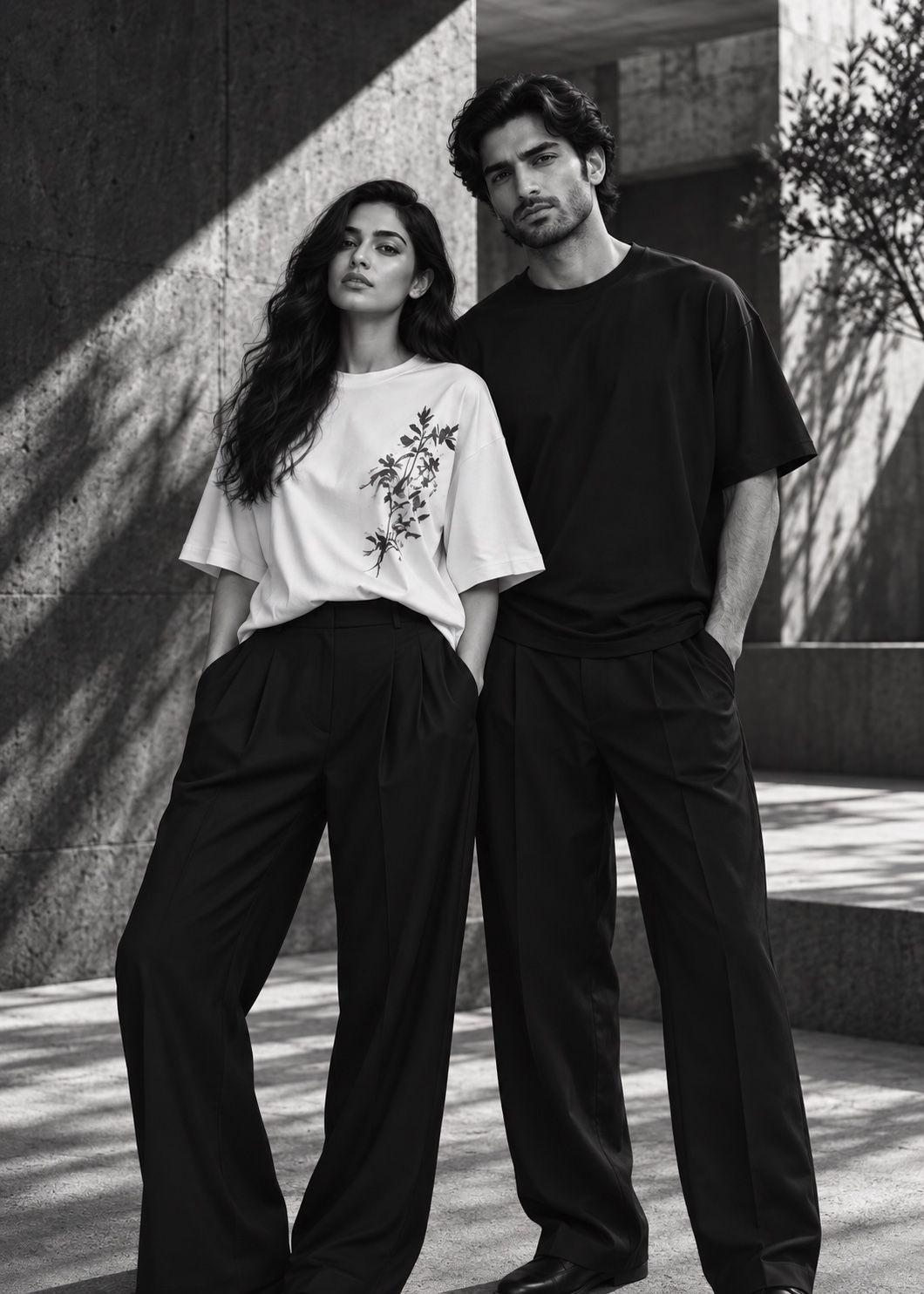 A woman in a white tee with a botanical print beside a man in a black tee, against a sunlit concrete wall