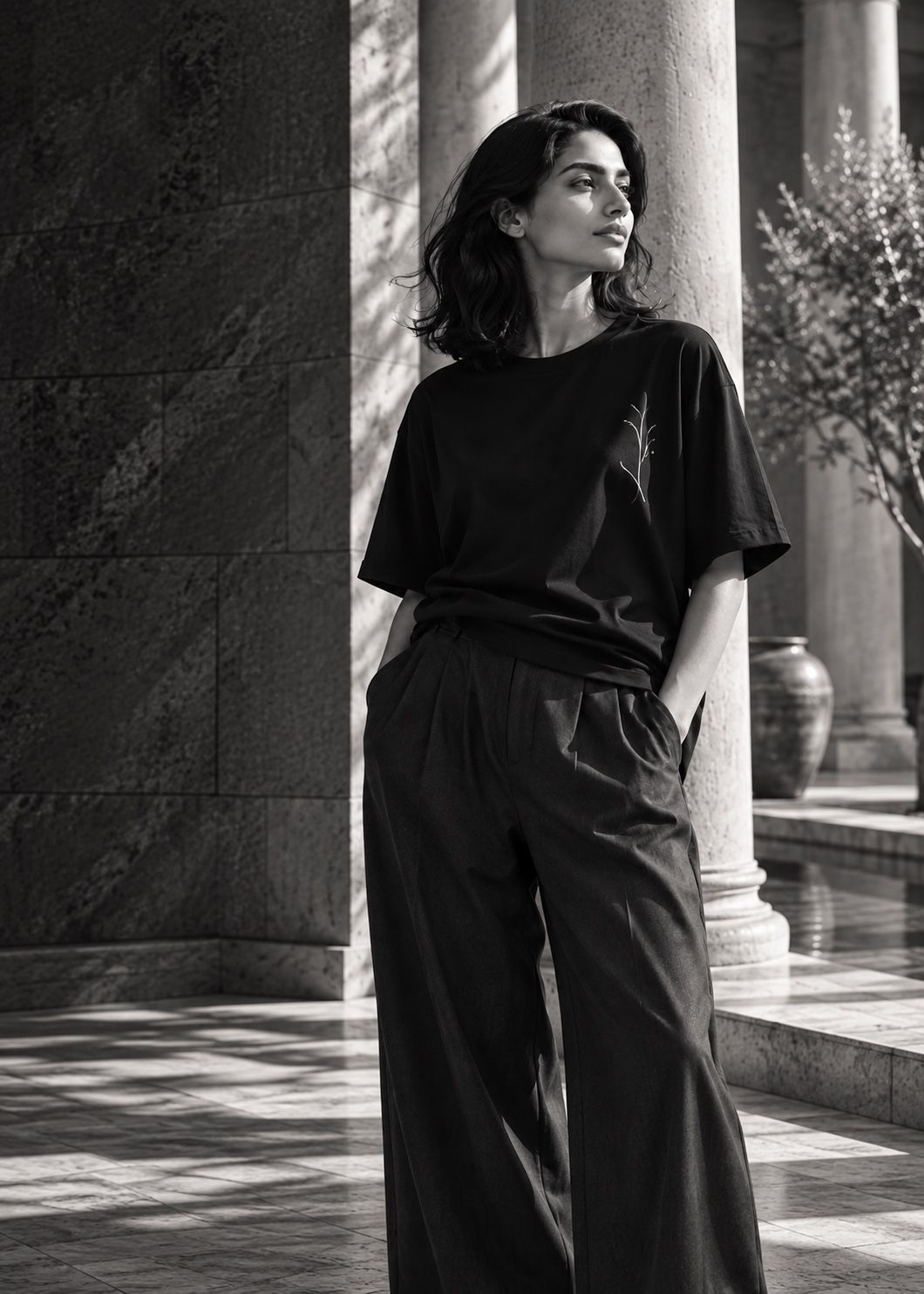 A woman in a black tee with a fine branch print, standing by stone columns