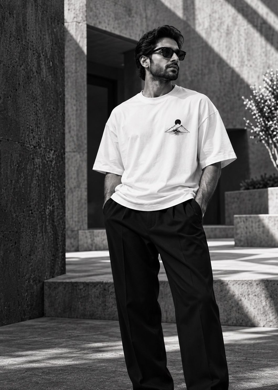 A man in sunglasses wearing a white tee with a small mountain print, in a stone courtyard
